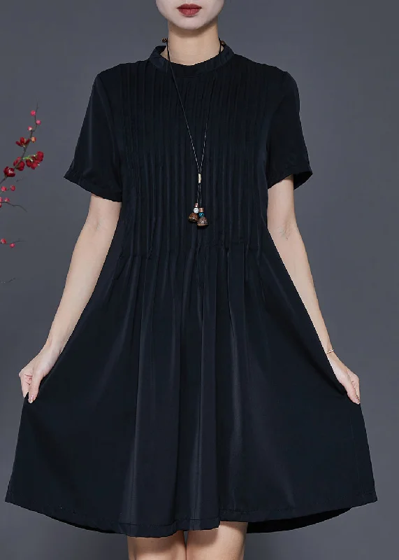 Elegant Black Stand Collar Wrinkled Cotton Dress Summer Vintage Charm