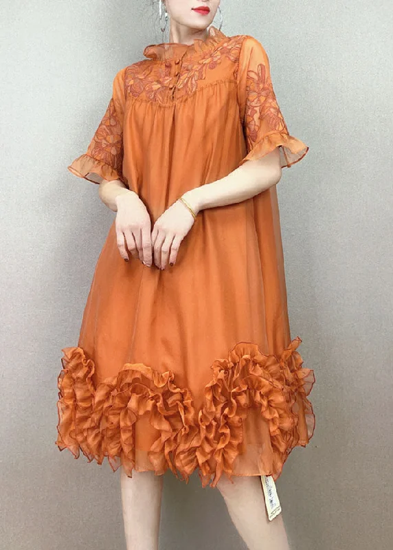 Handmade Orange Ruffled Embroideried Patchwork Tulle Dress Summer Exclusive Sale