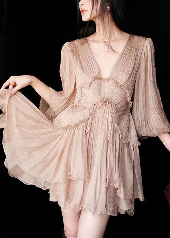 Sexy Pink Ruffled Lace Up Patchwork Chiffon Mid Dress Half Sleeve Elegant Styles