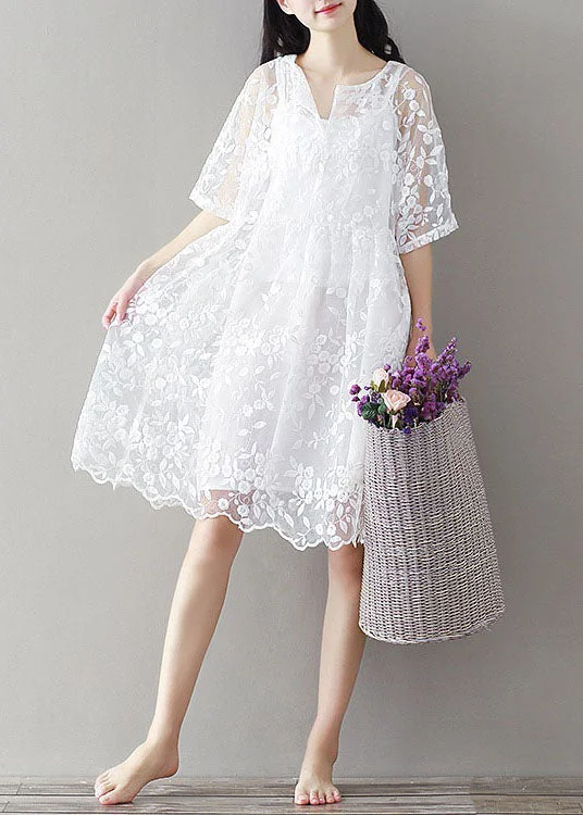 Bohemian White Embroideried Lace Patchwork Tulle Mid Dress Summer Classic Women's Fashion