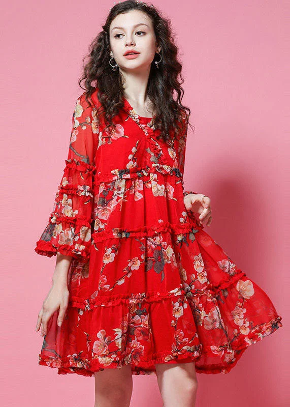 French Red Ruffled Print Chiffon Maxi Dress Bracelet Sleeve Limited Styles