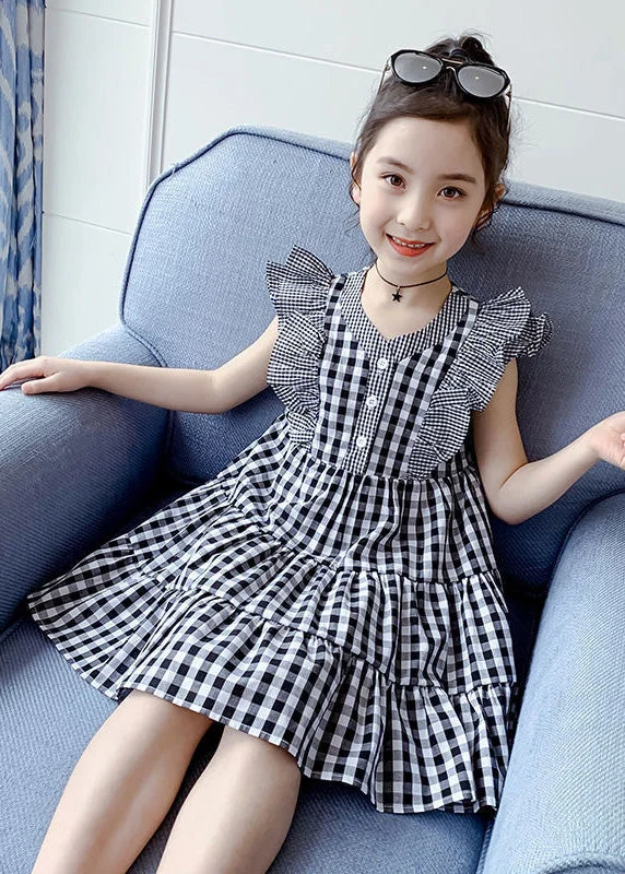 Modern Plaid V Neck Patchwork Button Cotton Kids Mid Dress Summer Hollywood Glam Award - Show Style