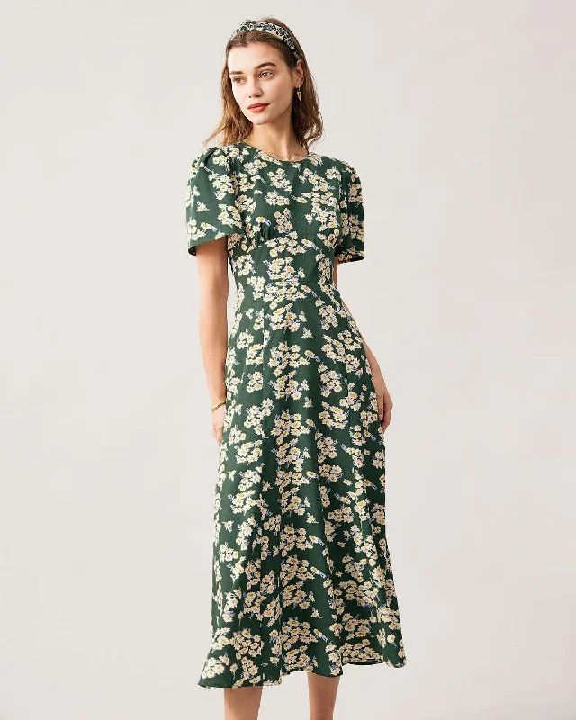 The Green Round Neck Short Sleeve Floral Midi Dress Quality Wear