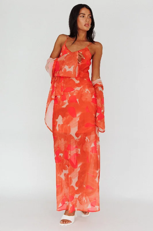 Stasi Cami Strap Midi Dress Floral Orange Elegant Ensemble