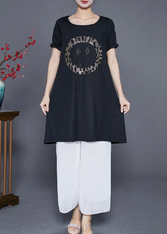 Elegant Black Oversized Smiling Face Zircon Chiffon Dresses Summer Versatile Outfits