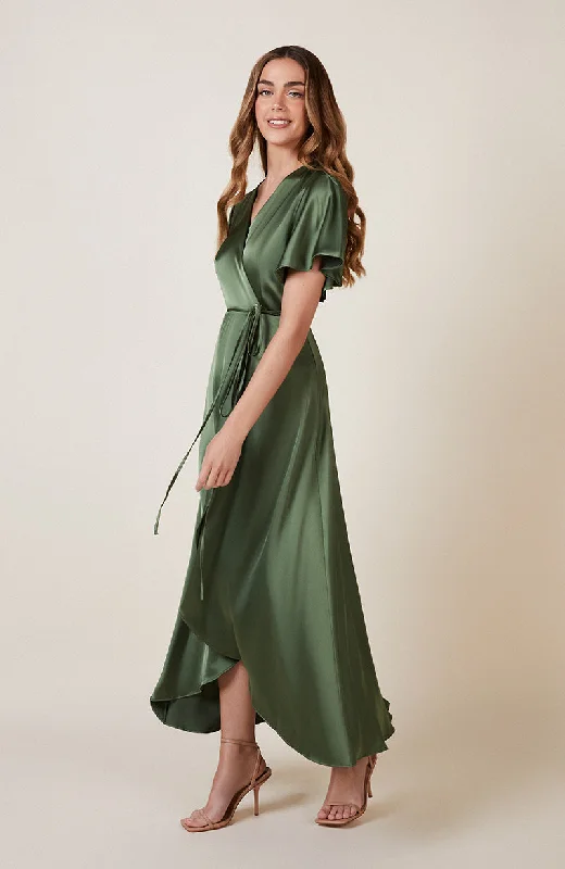 Florence Waterfall Dress in Olive Green Satin Discounts On Casual Weekend Styles