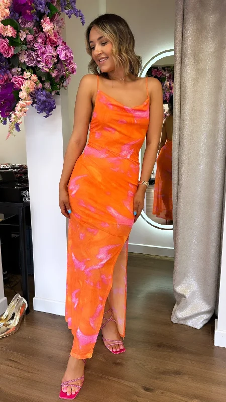 Stacie Orange & Pink Tie-Dye Print Midi Dress Spring Fashion