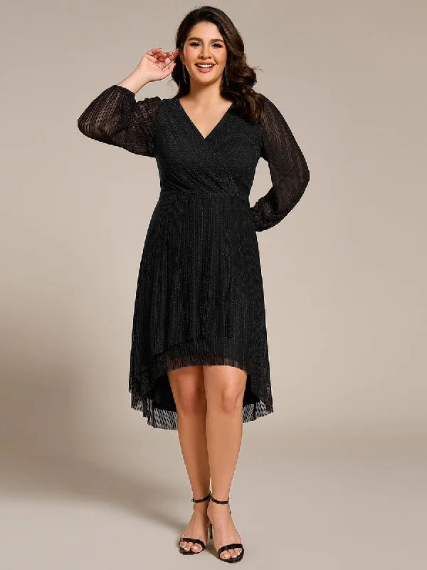 Glow Laura | Plus Size Pleated Long Sleeve V-Neck Midi Glitter Wedding Guest Dress Budget-Friendly Fashion