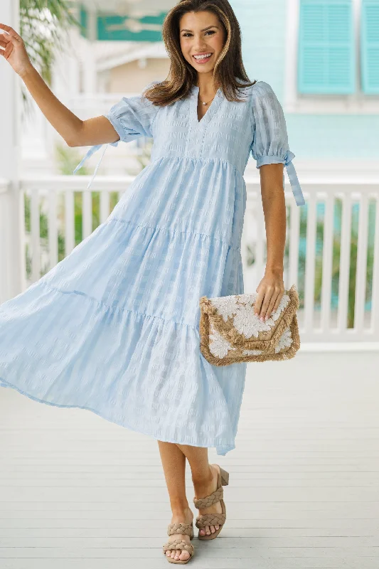 Pinch: Take The Compliment Light Blue Gingham Midi Dress Romantic Detailing