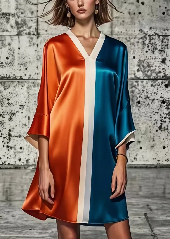 Loose Colorblock V Neck Patchwork Silk Mini Dresses Summer Final Sale