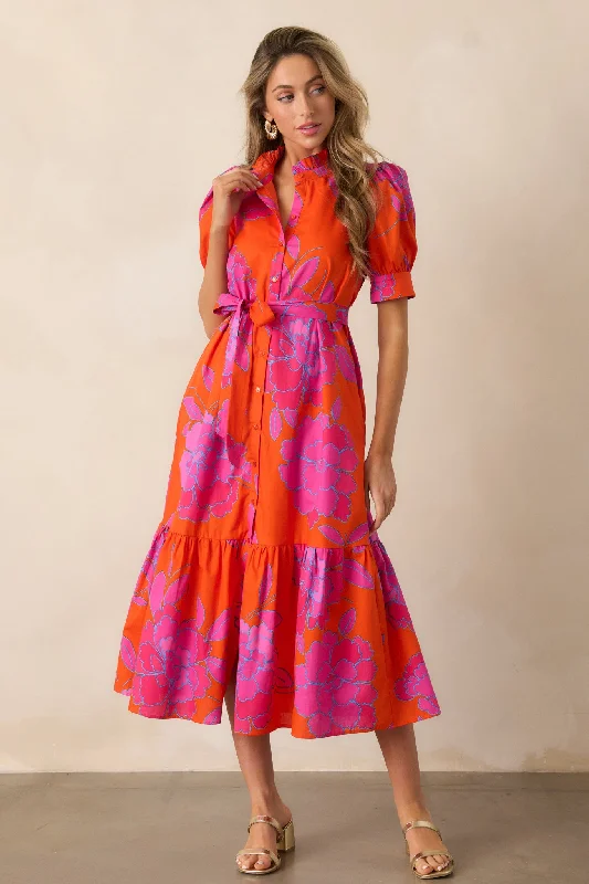 Free To Fly Cotton Orange Floral Button Front Midi Dress Effortless Everyday Wear