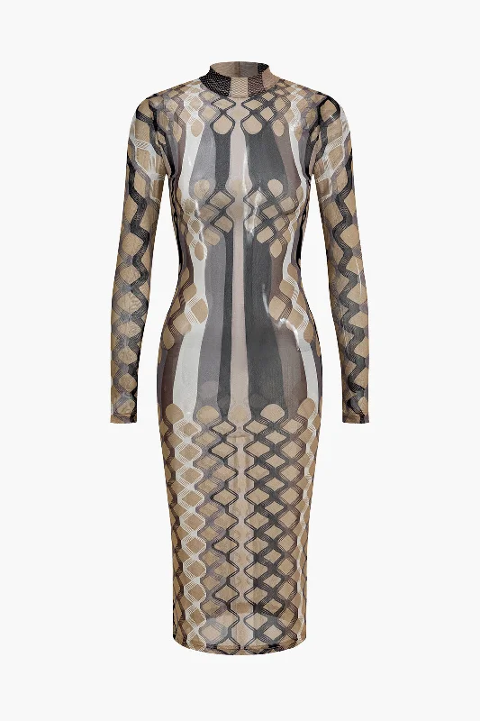 Geometric Print Sheer Mesh Long Sleeve Midi Dress Sophisticated Outfits