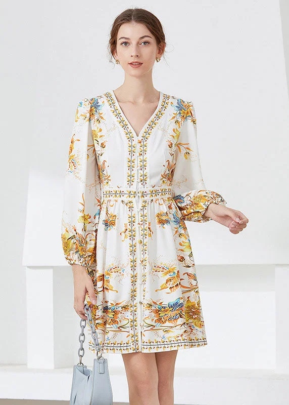 Chic White V Neck Print Chiffon Mid Dress Spring Versatile Outfits