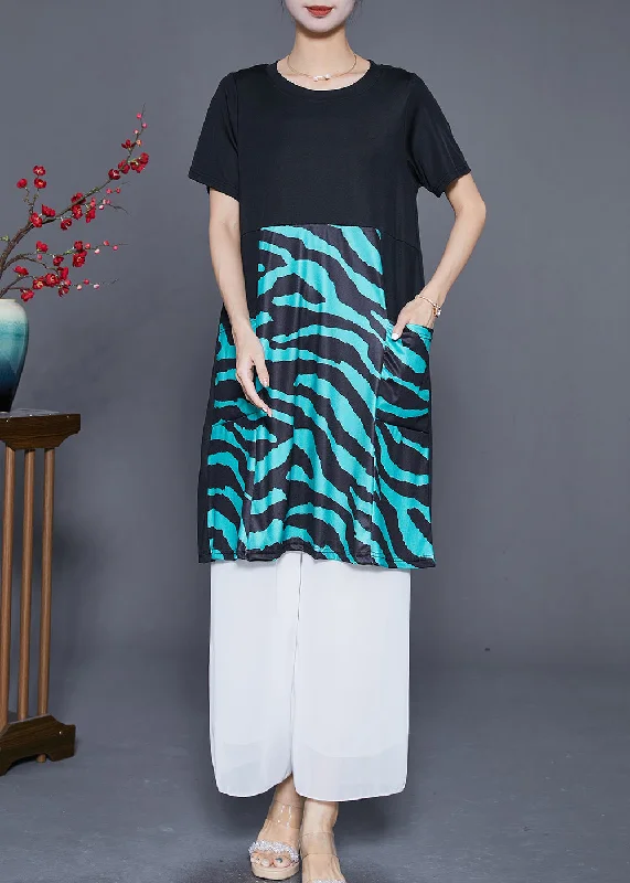 Elegant Black Striped Patchwork Pockets Cotton Maxi Dresses Summer Holiday Attire Sale