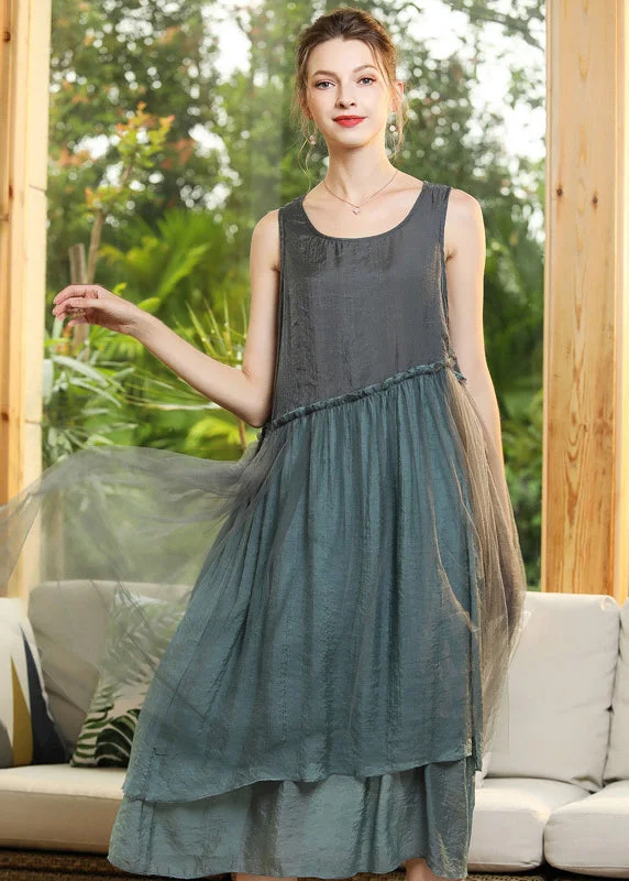 Grey Patchwork Tulle Vacation Dresses Ruffled Sleeveless Wardrobe Essentials