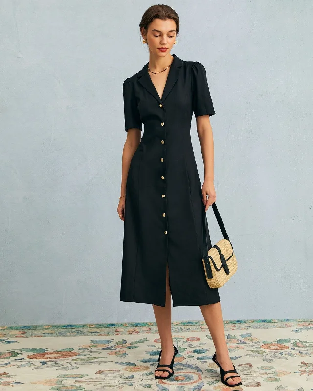 The Black V Neck Button Puff Sleeve Midi Dress Catch Every Fashion Trend