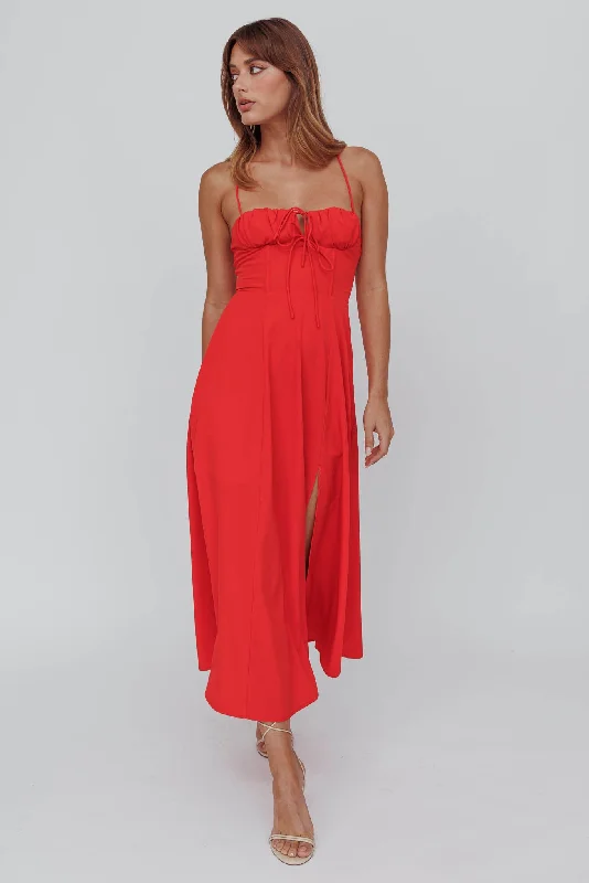 Euro Summer Split Hem Midi Dress Red Pastel Styles