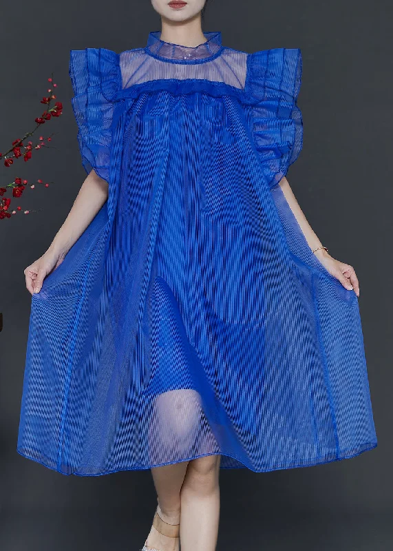 Blue Loose Tulle Tea Dress Stand Collar Butterfly Sleeve Elevate Your Wardrobe