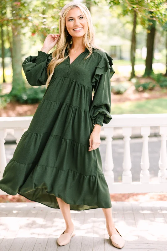 Feeling The Fun Olive Green Ruffled Midi Dress Classic Charm