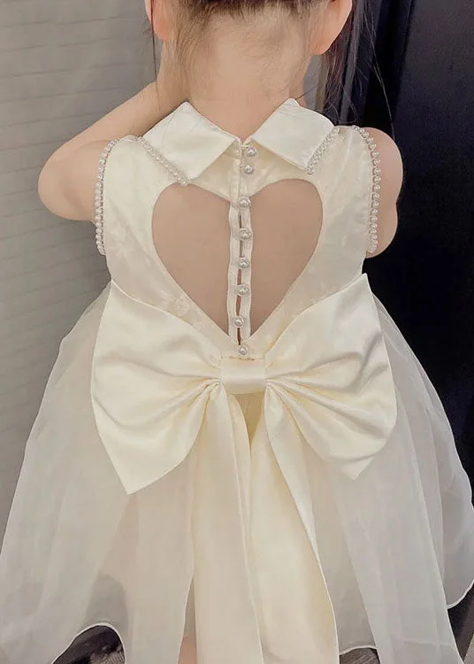 Simple White Peter Pan Collar Nail Bead Patchwork Tulle Kids Girls Dresses Sleeveless Luxury Comfort