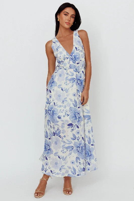 Perla V-Neck Drawstring Maxi Dress Floral Blue Premium Style