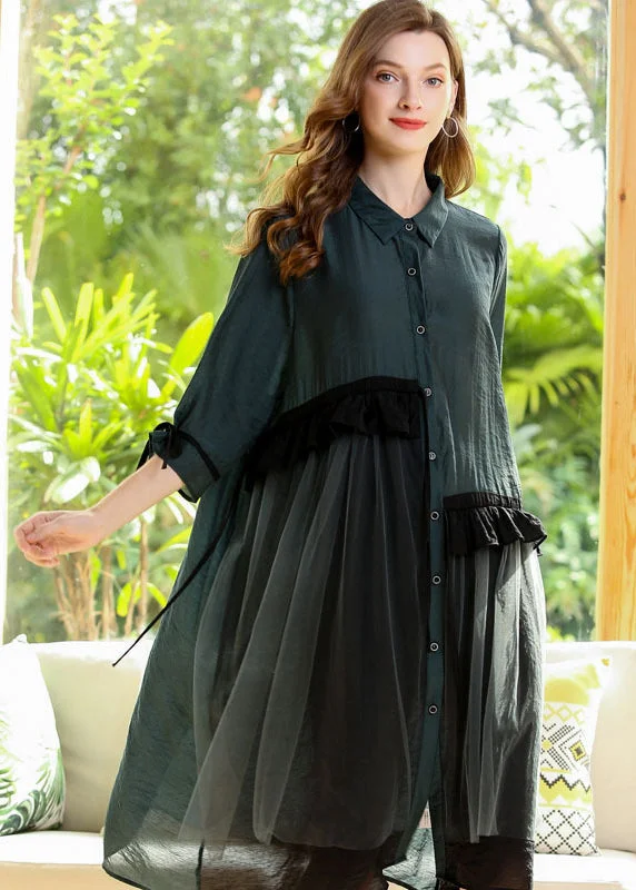 Italian Green Oversized Patchwork Ruffles Cotton Dress Half Sleeve Final Clearance