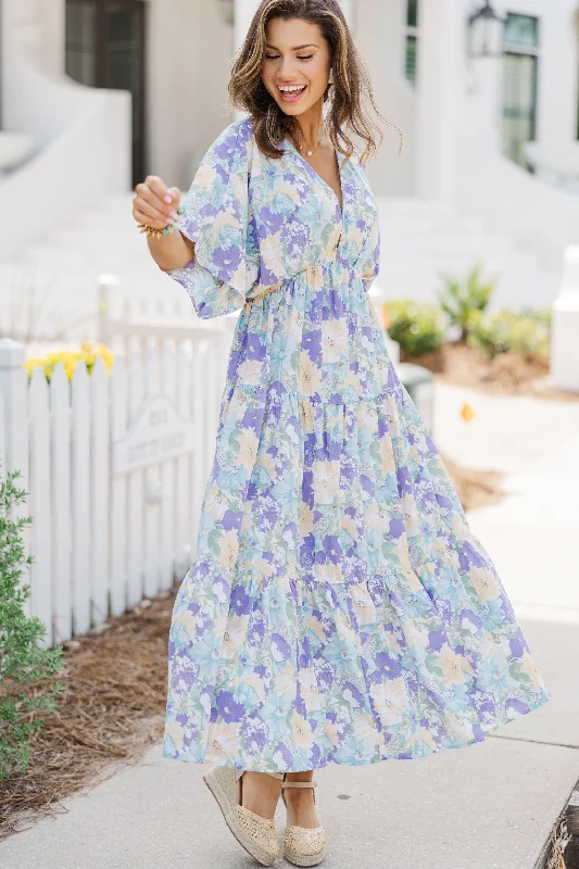 At This Time Light Blue Floral Midi Dress Luxury Style