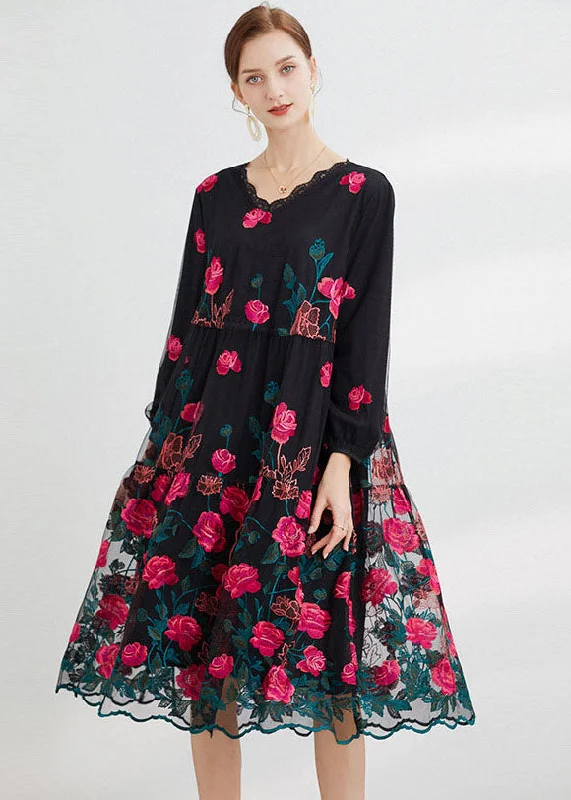 Rose Floral Tulle Maxi Dress O-Neck Embroideried Long Sleeve Modern Glamour