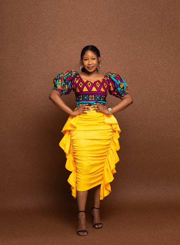 Jojo Ankara Midi Dress | Yellow Crepe and African Print Chic Allure