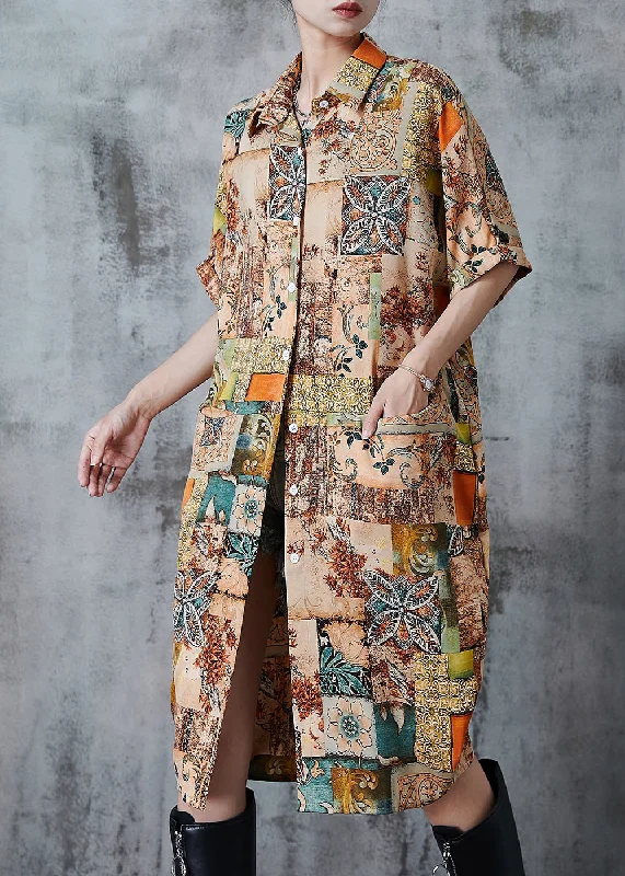 Casual Khaki Oversized Print Chiffon Shirt Dress Summer Season Offer