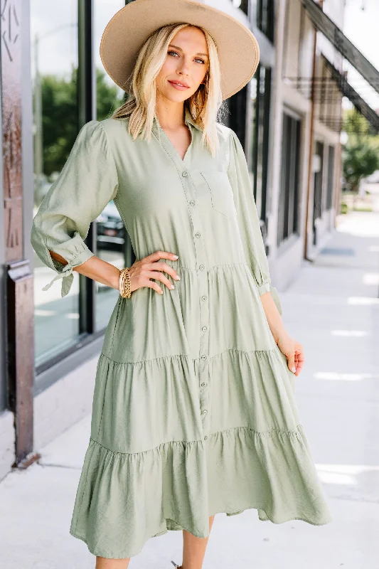 Leading Back To You Sage Green Tiered Midi Dress Lighten Up With Nordic Styles