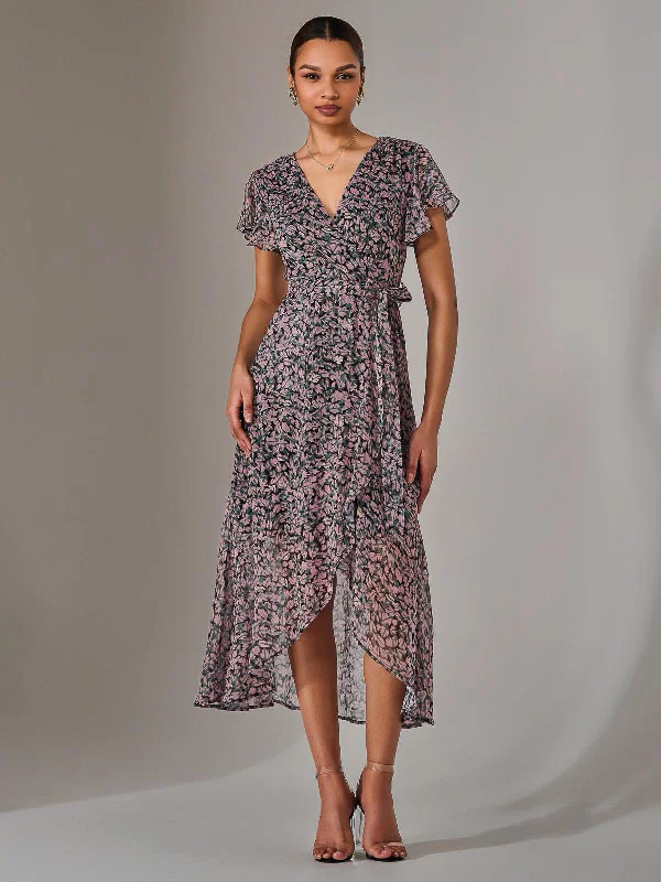 Chiffon Wrap Midi Dress, Pink Pattern Special Occasion Wear