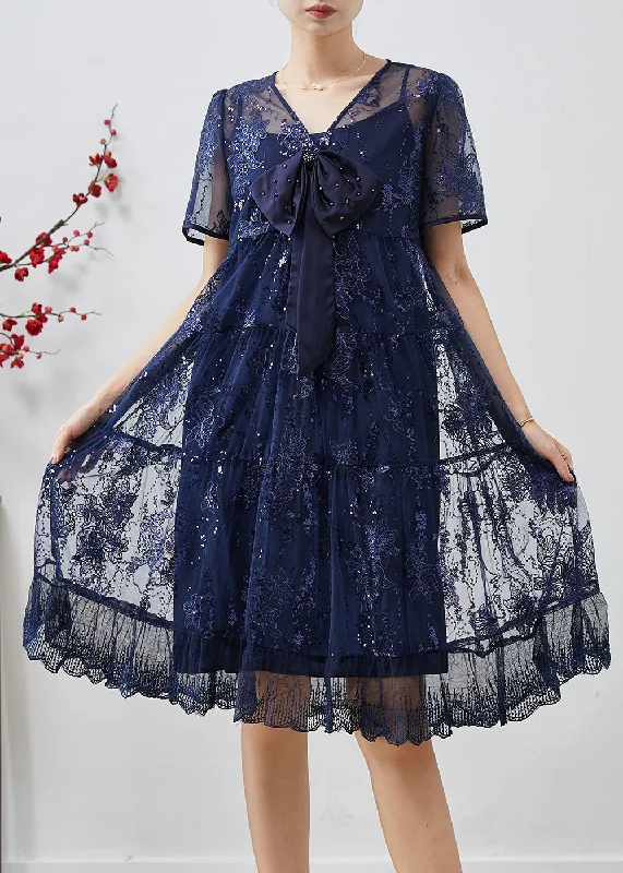 DIY Navy Sequins Embroidered Tulle Bow Dresses Summer Big Discounts