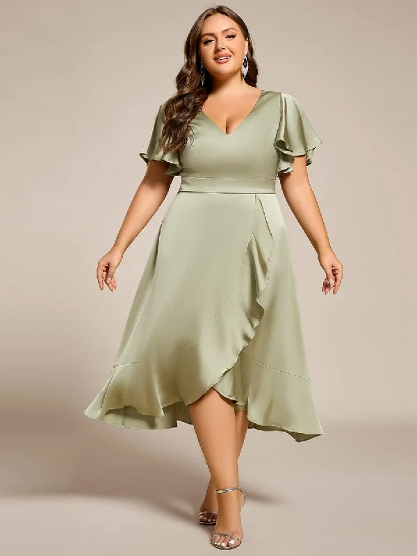 Plus Size V-Neck Satin Midi Wedding Guest Dress with Ruffled Skirt Huge Price Cut