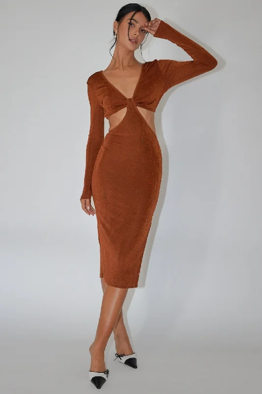 Acapulco Long Sleeve Cut-Out Waist Side Split Midi Jersey Dress Chocolate New Arrivals