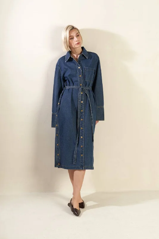 SEE THE END DENIM MIDI DRESS Trendy Urban Attire