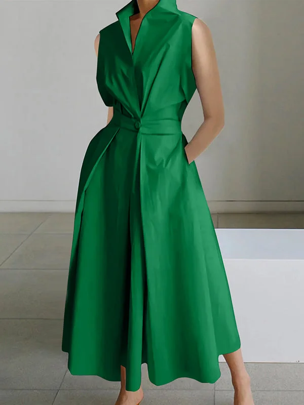 Sleeveless Solid Color Trendy Lapel Midi Dresses Seasonal Style Discounts