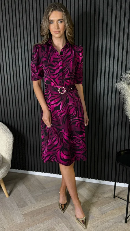 Dervla Pink & Black Leopard Print Collared Midi Dress Evening Looks