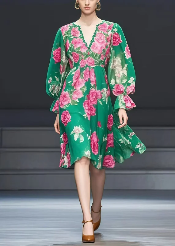 Beautiful Green V Neck Floral Print Chiffon Tea Dress Fall Tropical Island - Inspired Attire