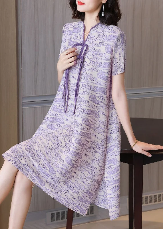 Purple Print Elegant Silk Mid Dress Stand Collar Draping Short Sleeve Elegant Details