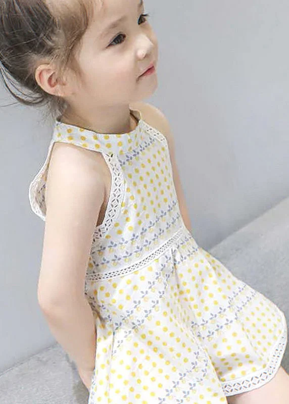 Handmade Beige O-Neck Print Patchwork Baby Mid Dress Sleeveless Seasonal Clearance