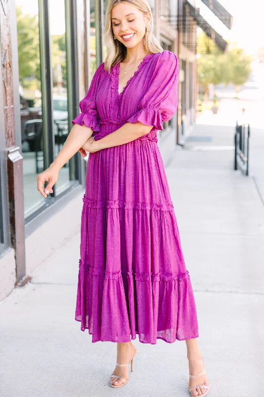 Living In A Dream Magenta Purple Ruffled Midi Dress Flash Sale