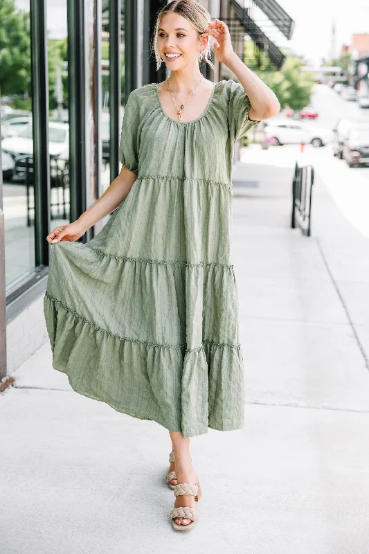 Listen To You Olive Green Tiered Midi Dress Fashion Forward