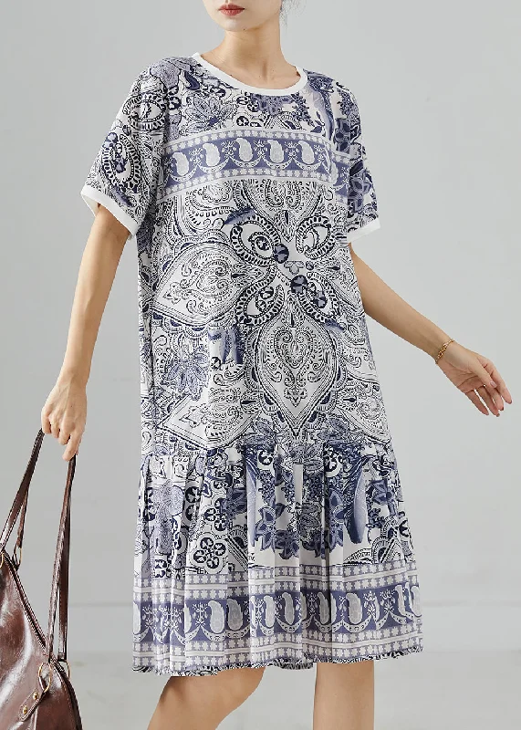 Modern Navy Oversized Print Silk Mini Dress Summer Vintage Elegance