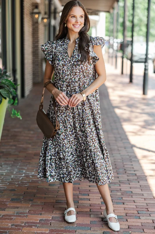 Just For Today Brown Ditsy Floral Midi Dress Art Deco Geometric Pattern Look