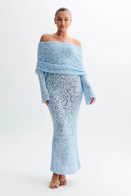 Marisol Off Shoulder Boucle Maxi Dress - Light Blue Spring Fashion