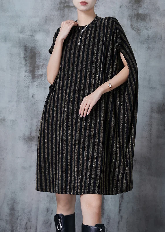 Italian Golden Oversized Striped Cotton Mid Dress Summer Sleek Design