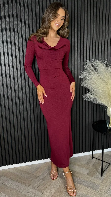 Alisha Burgundy Cowl Neck Long Sleeve Midi Dress Valentine's Special