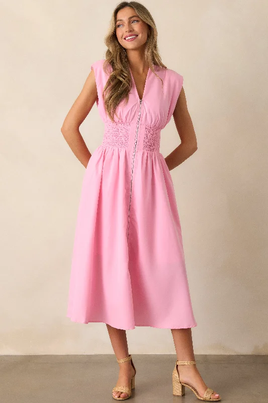 The Evette Baby Pink Zip Front Midi Dress Exclusive Sale