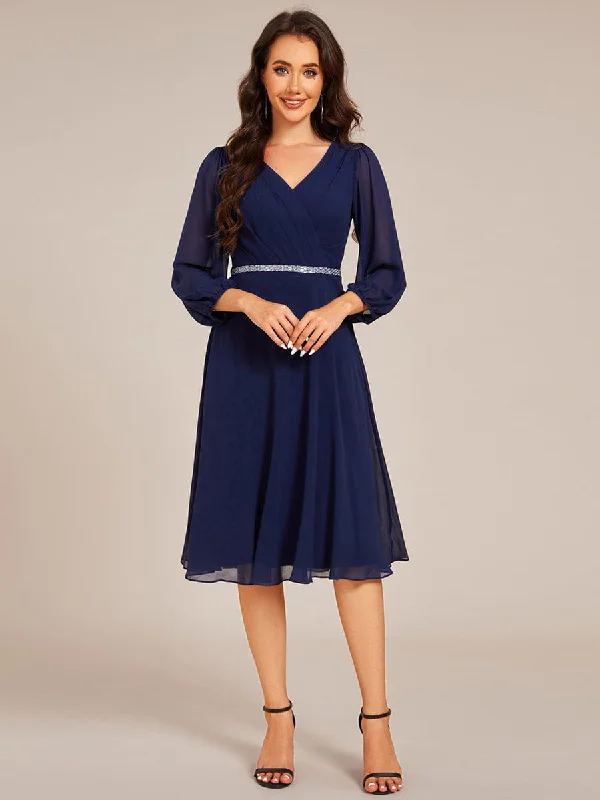 Pleated A-Line Long Sleeve Midi Chiffon Wedding Guest Dress Trendy And Individual Women's Fashion